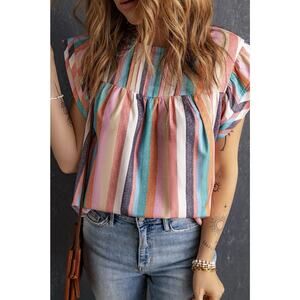 Women’s 2XL Boho Striped Babydoll Top Flutter Sleeve Colorful Summer Blouse